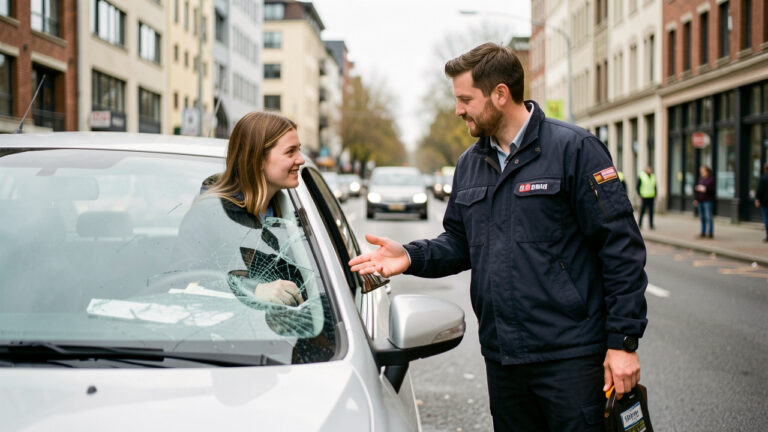Une jeune conductrice et un moniteur examinent calmement une voiture d’apprentissage arrêtée après un léger incident, dans une rue urbaine.