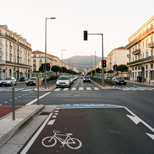 Intersection urbaine de Marseille aménagée pour la sécurité routière, avec passages piétons, feux de circulation, piste cyclable protégée et collines méditerranéennes en arrière-plan.