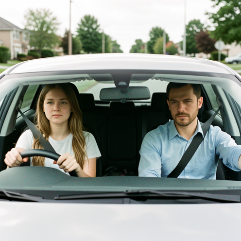 Une jeune femme d'environ 17 ans apprend à conduire dans une voiture moderne, accompagnée d'un moniteur assis à ses côtés.
