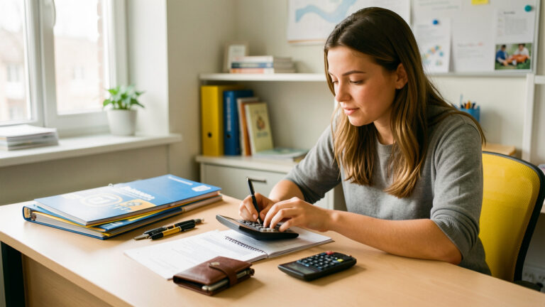 Jeune femme préparant le financement de sa formation au permis de conduire avec une calculatrice, un portefeuille, un dossier et des clés de voiture.