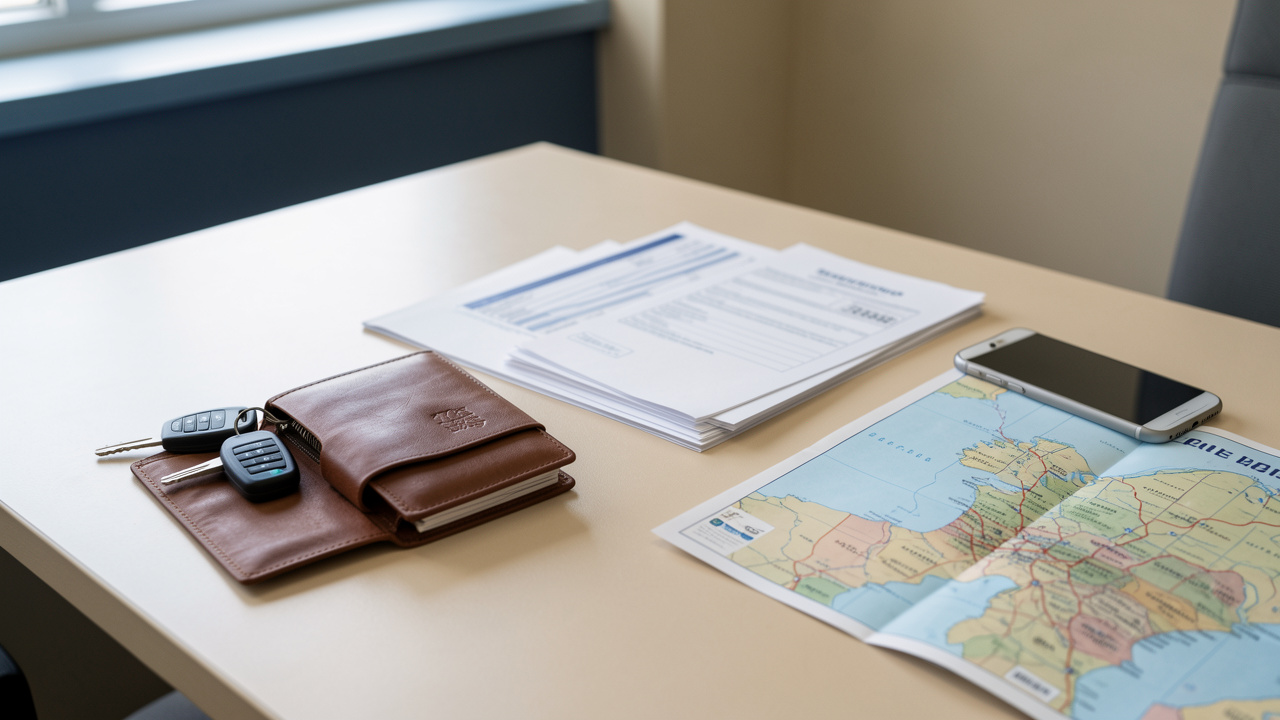 Clé de voiture, portefeuille, documents vierges, téléphone et carte régionale symbolisant les aides financières au permis de conduire et l’accompagnement local.
