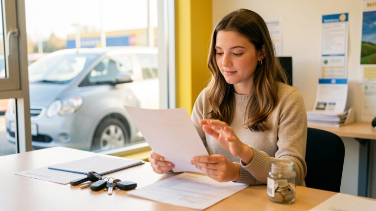 Jeune femme examinant des documents vierges à côté de clés de voiture et d’une tirelire dans un bureau d’auto-école lumineux.