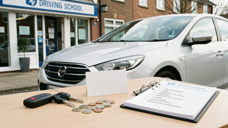 Voiture d’apprentissage garée près d’une auto-école, avec des clés, une carte vierge, des pièces et un dossier de vérification évoquant le report d’heures de conduite, les remboursements et les frais.