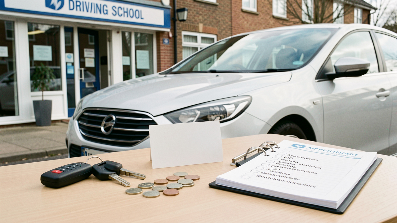 Voiture d’apprentissage garée près d’une auto-école, avec des clés, une carte vierge, des pièces et un dossier de vérification évoquant le report d’heures de conduite, les remboursements et les frais.