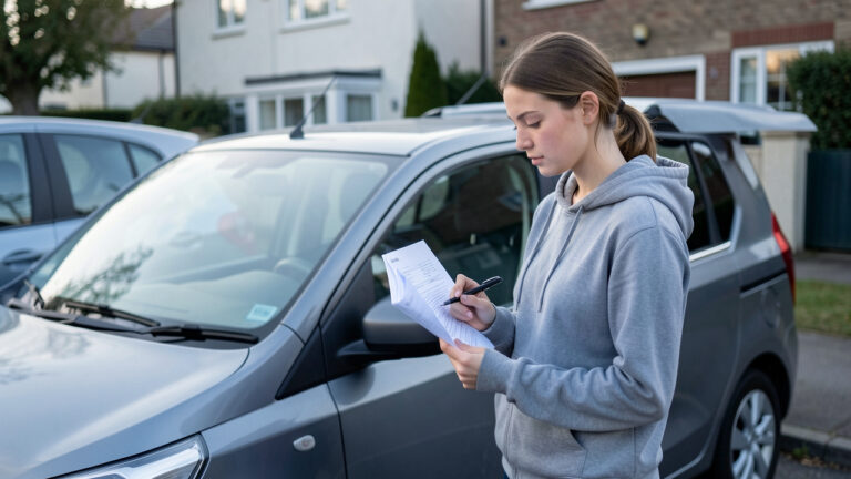Jeune femme debout près d’une voiture compacte, examinant des documents d’assurance avant de commencer sa conduite.