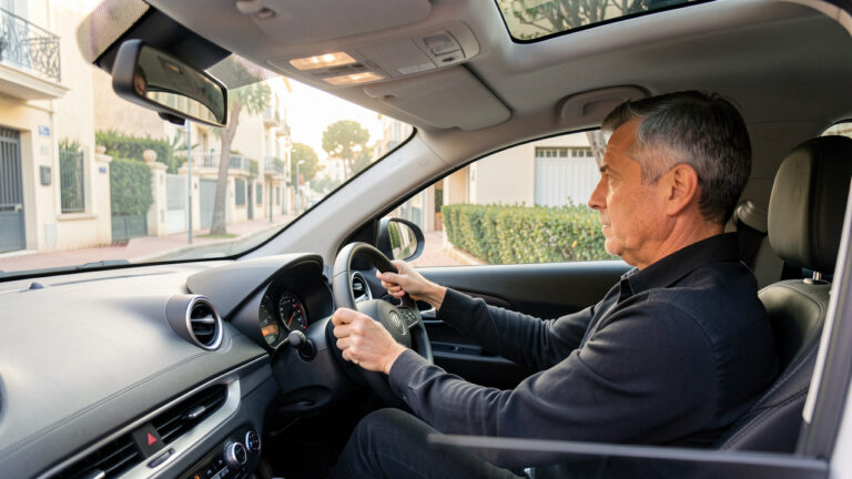 Une jeune conductrice en formation effectue un virage dans une voiture-école sous l’observation attentive d’un moniteur, dans les rues résidentielles de La Capelette à Marseille.