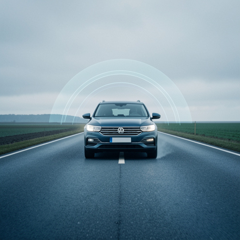 Une voiture moderne freine sur une route dégagée, avec des effets visuels subtils illustrant le temps de réaction et la distance d’arrêt.