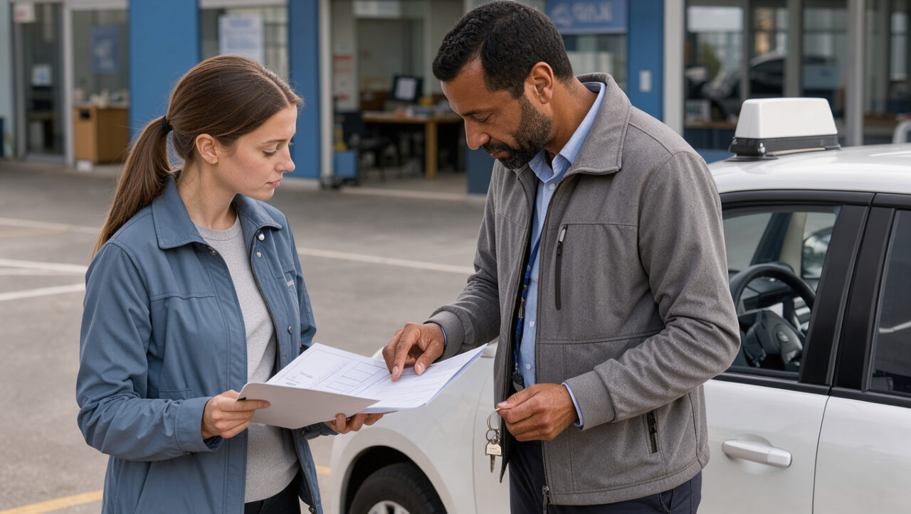 Une jeune femme en apprentissage de la conduite examine un dossier vierge et des clés de voiture avec un moniteur devant un véhicule-école.
