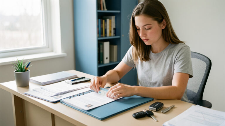 Une jeune femme vérifie des documents administratifs, un dossier et des clés de voiture avant de changer d’auto-école.