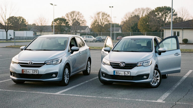 Deux voitures modernes garées côte à côte, montrant une boîte automatique et une boîte manuelle pour illustrer le choix du permis de conduire.