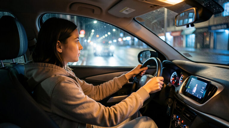 Jeune conductrice attentive au volant d'une voiture sur une route calme et éclairée la nuit.