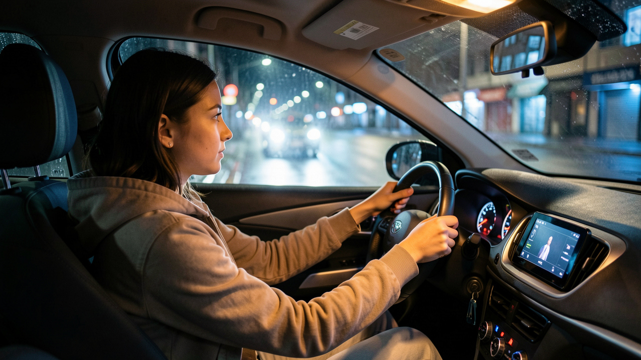 Jeune conductrice attentive au volant d'une voiture sur une route calme et éclairée la nuit.