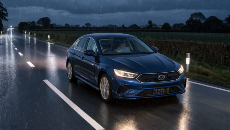 Voiture roulant prudemment de nuit sur une route rurale, avec des phares éclairant les marquages réfléchissants et une chaussée légèrement mouillée.