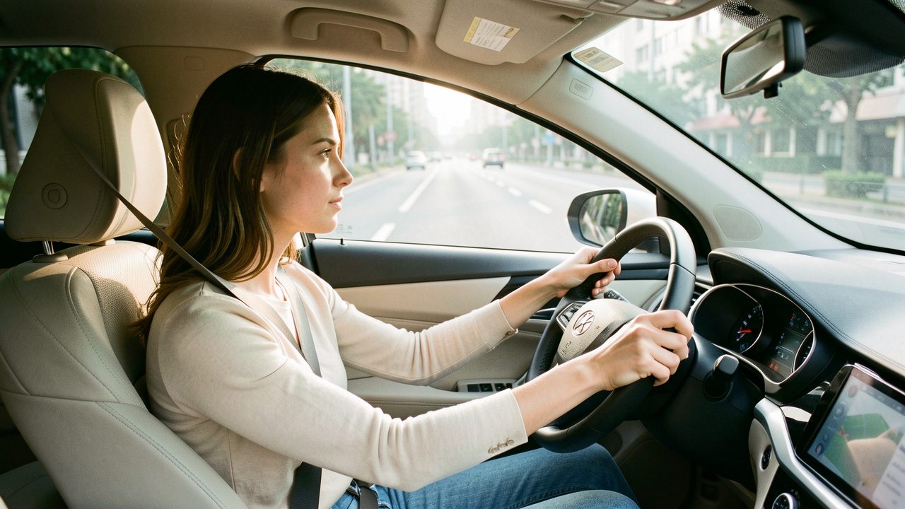 Une conductrice attentive conduit sereinement une voiture automatique sur une route urbaine, avec une posture correcte et une bonne visibilité.