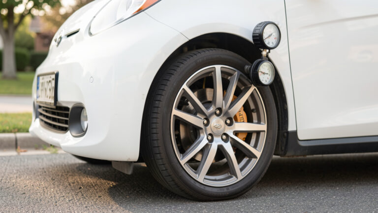 Contrôle de la pression d’un pneu de voiture à l’aide d’un manomètre avant une leçon de conduite.
