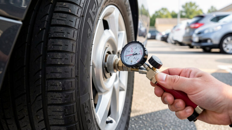 Gros plan sur le contrôle de la pression d’un pneu de voiture à l’aide d’un manomètre, sur un parking calme avant une leçon de conduite.