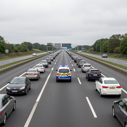 Autoroute moderne où les véhicules maintiennent une distance de sécurité et libèrent un couloir central pour les services d’intervention, sous la surveillance d’un véhicule de patrouille.