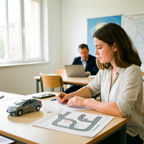 Une jeune femme étudie la préparation au code de la route dans une salle de cours lumineuse, avec une maquette de voiture et un formateur en arrière-plan.