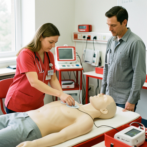 Une formatrice en secourisme montre comment utiliser un défibrillateur automatisé externe sur un mannequin de formation, sous le regard attentif d’un homme.