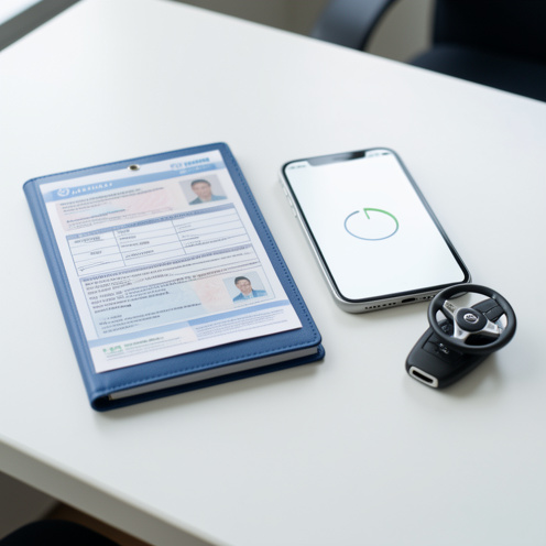 Dossier de demande de permis de conduire organisé sur un bureau, accompagné d’une clé de voiture, d’un volant miniature et d’un smartphone illustrant le suivi de la démarche.