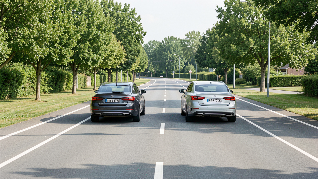 Deux voitures circulent sur une route dégagée en maintenant une distance de sécurité suffisante entre elles.