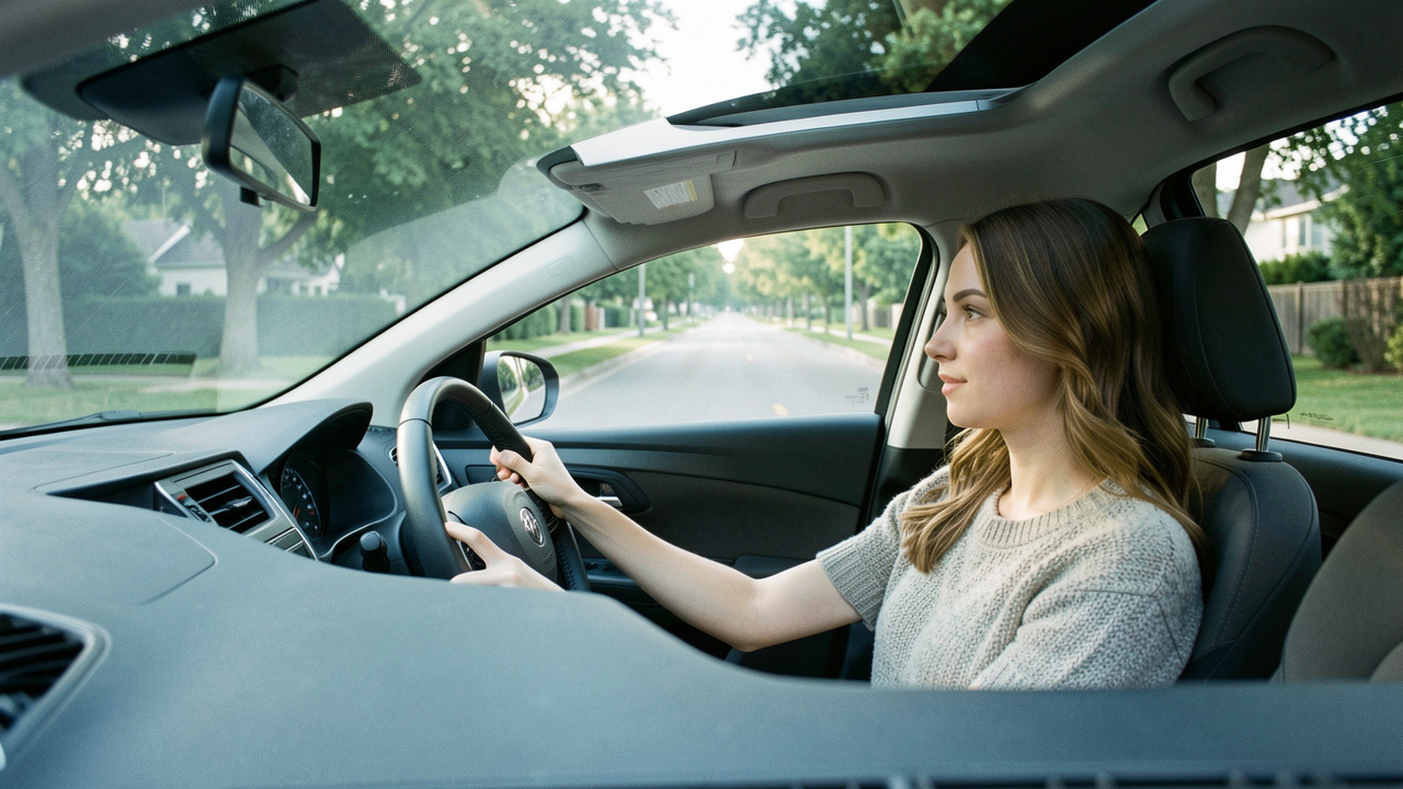 Jeune femme en apprentissage de la conduite adoptant une conduite souple et économe sur une route bordée d’arbres.