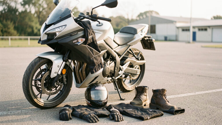 Équipement de sécurité obligatoire disposé à côté d’une moto pour préparer un examen du permis moto.