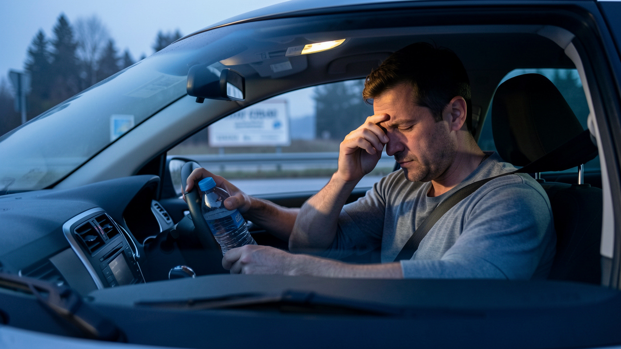 Un homme fatigué assis dans une voiture garée sur une aire de repos, se frottant les yeux et prenant une bouteille d’eau pour éviter de s’endormir au volant.