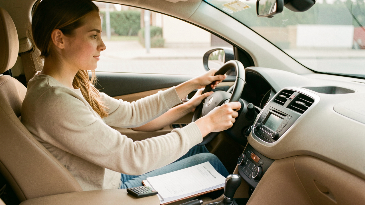 Une jeune femme apprend à conduire avec un moniteur dans une voiture moderne, avec une calculatrice et des documents vierges évoquant la réduction du coût du permis.