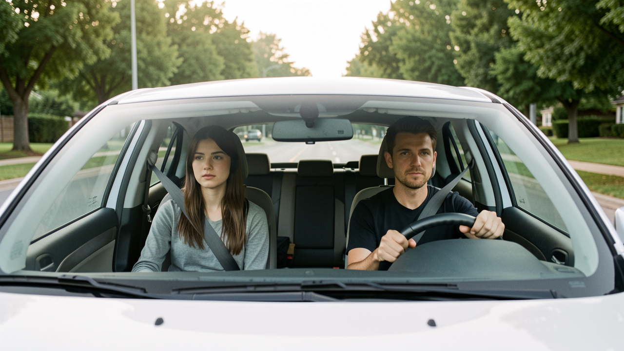 Une jeune femme apprend à conduire dans une voiture, accompagnée d’un moniteur attentif assis sur le siège passager.