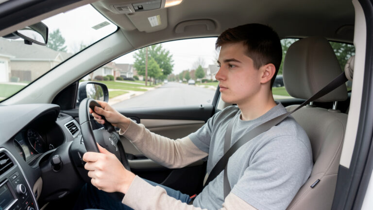 Jeune conducteur attentif au volant, attaché par sa ceinture, sur une route de banlieue calme.