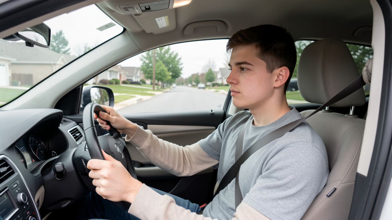 Jeune conducteur attentif au volant, attaché par sa ceinture, sur une route de banlieue calme.