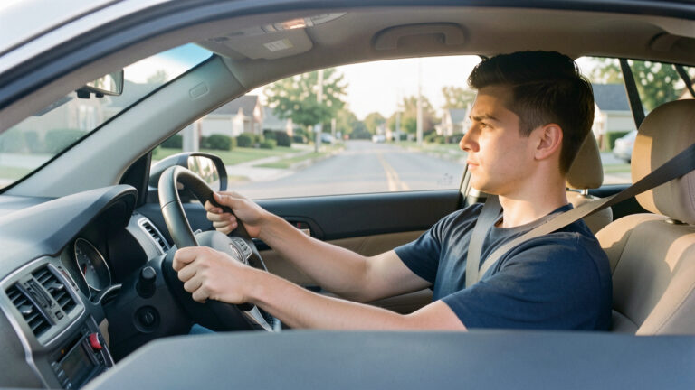 Jeune conducteur attentif au volant, les deux mains sur le volant et les yeux tournés vers la route dans une voiture attachée par la ceinture de sécurité.
