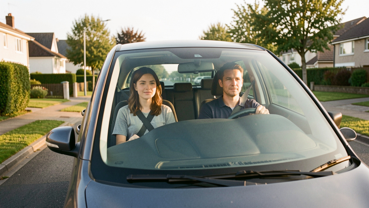 Une jeune femme apprend à conduire sereinement avec l’aide d’un moniteur dans une voiture moderne, sur une route résidentielle calme.