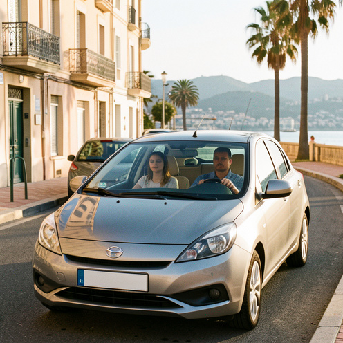 Une jeune conductrice apprend à maîtriser une voiture avec un moniteur dans une rue ensoleillée de Marseille.