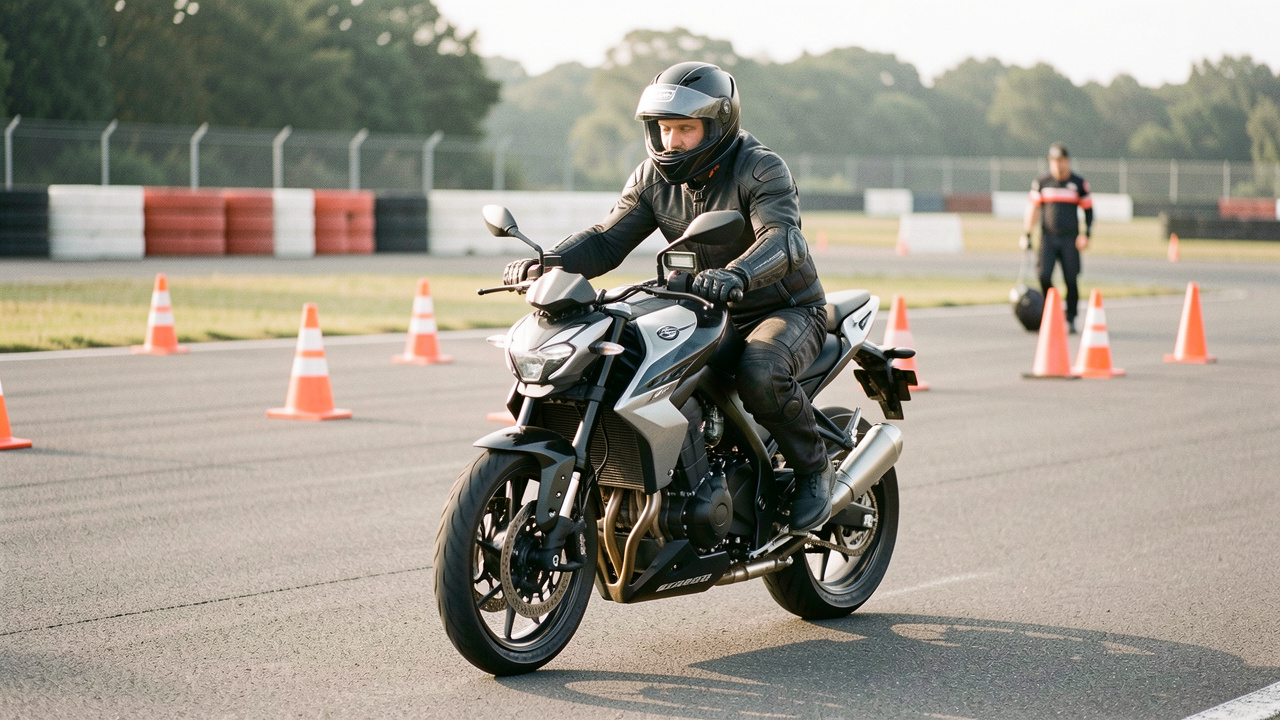 Un homme équipé d’une tenue de protection pratique un freinage d’urgence maîtrisé à moto sur un circuit fermé et sécurisé.