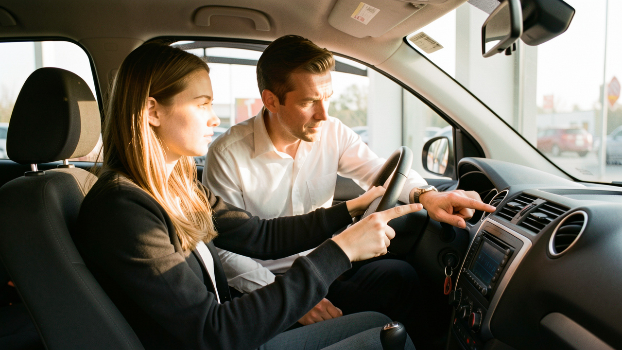 Une jeune femme apprend à conduire avec l’aide d’un moniteur dans une voiture d’auto-école.