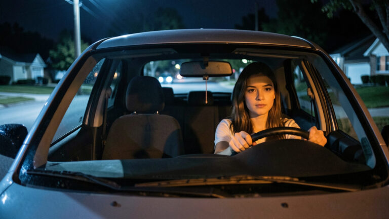 Jeune femme conduisant sereinement une voiture de nuit sur une route résidentielle éclairée, les mains posées sur le volant.