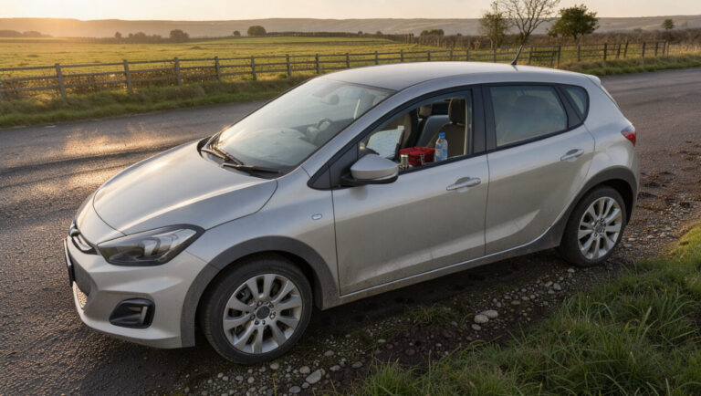 Voiture moderne prête pour un premier trajet en solo, stationnée près d’une route de campagne avec des accessoires de sécurité et une carte pliée non marquée.