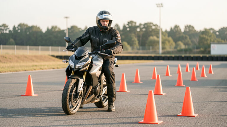 Un homme équipé de protections à moto s’exerce à des manœuvres lentes entre des cônes orange sur une piste d’entraînement.