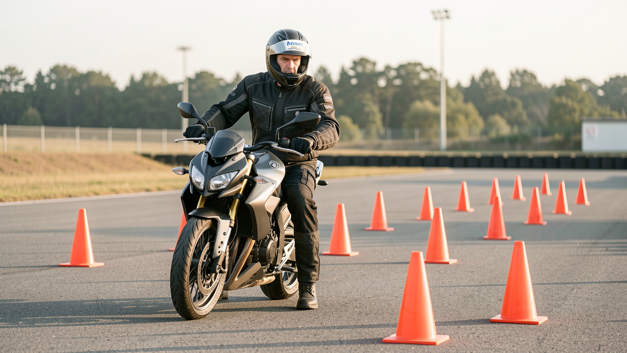 Un homme équipé de protections à moto s’exerce à des manœuvres lentes entre des cônes orange sur une piste d’entraînement.