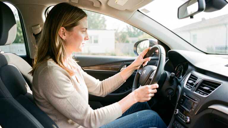 Une femme règle soigneusement son siège et ses rétroviseurs dans l’habitacle d’une voiture avant de conduire.