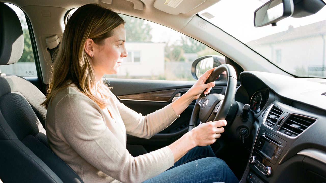 Une femme règle soigneusement son siège et ses rétroviseurs dans l’habitacle d’une voiture avant de conduire.