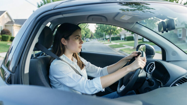 Jeune conductrice attachée au volant d’une voiture, attentive sur une route calme, illustrant les règles de prudence des premières années de conduite.