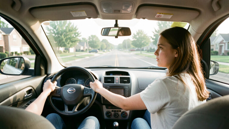 Jeune conductrice au volant d’une voiture sur une route dégagée, attentive et concentrée pendant ses premières années de conduite.