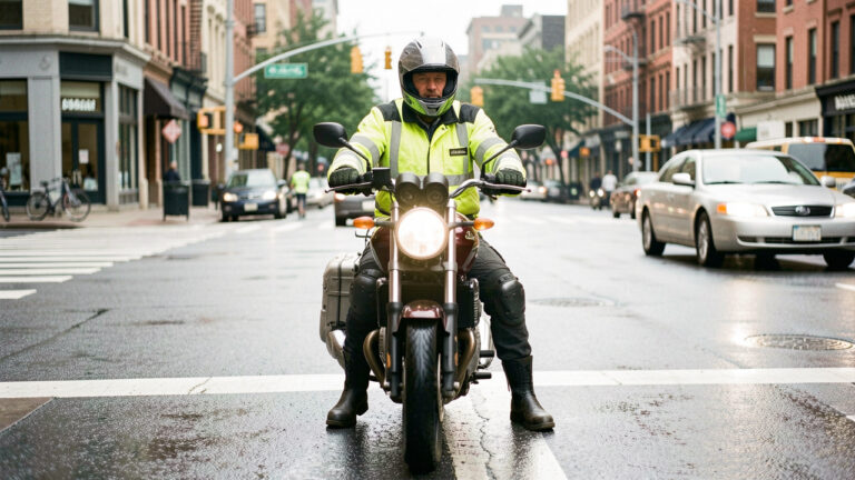 Un homme à moto, équipé de protections, observe attentivement une intersection urbaine afin d’anticiper les situations à risque.