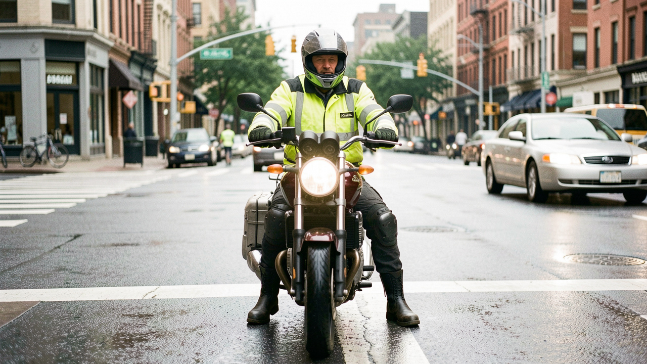 Un homme à moto, équipé de protections, observe attentivement une intersection urbaine afin d’anticiper les situations à risque.