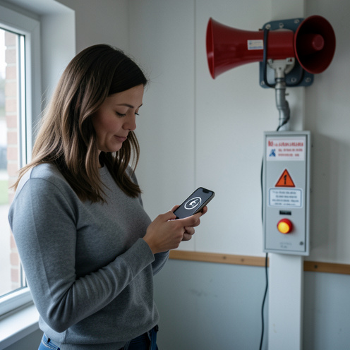 Une femme consulte calmement son téléphone près d’une sirène d’alerte municipale dans un contexte de préparation aux urgences.