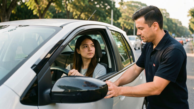 Une jeune femme concentrée reçoit les encouragements d’un moniteur d’auto-école dans une voiture, avant un examen pratique de conduite.