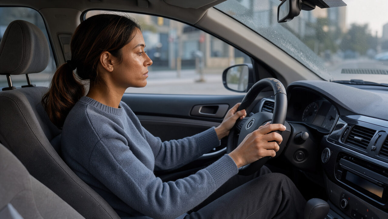 Jeune femme concentrée au volant d’une voiture avant son examen de conduite, dans une ambiance calme et rassurante.
